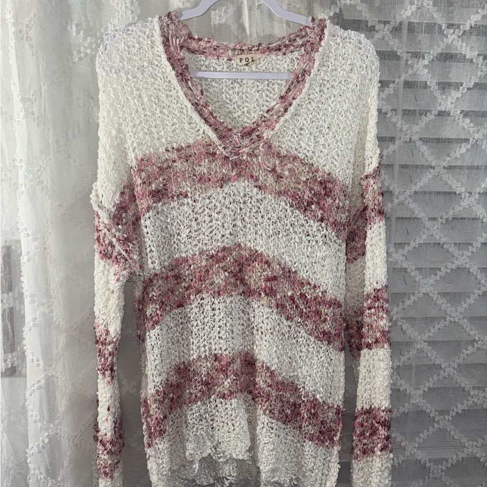 POL Clothing Womens V-Neck Loose Knit Striped Sweater Pink Cream Boho Size S